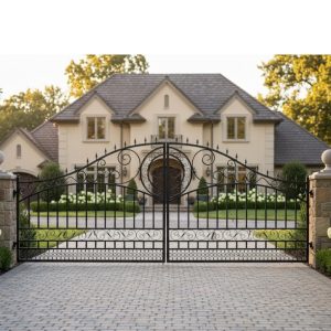 Wrought iron ornate dual swing driveway gate black Toronto estate