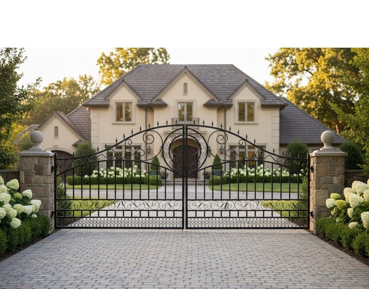 Wrought iron ornate dual swing driveway gate black Toronto estate